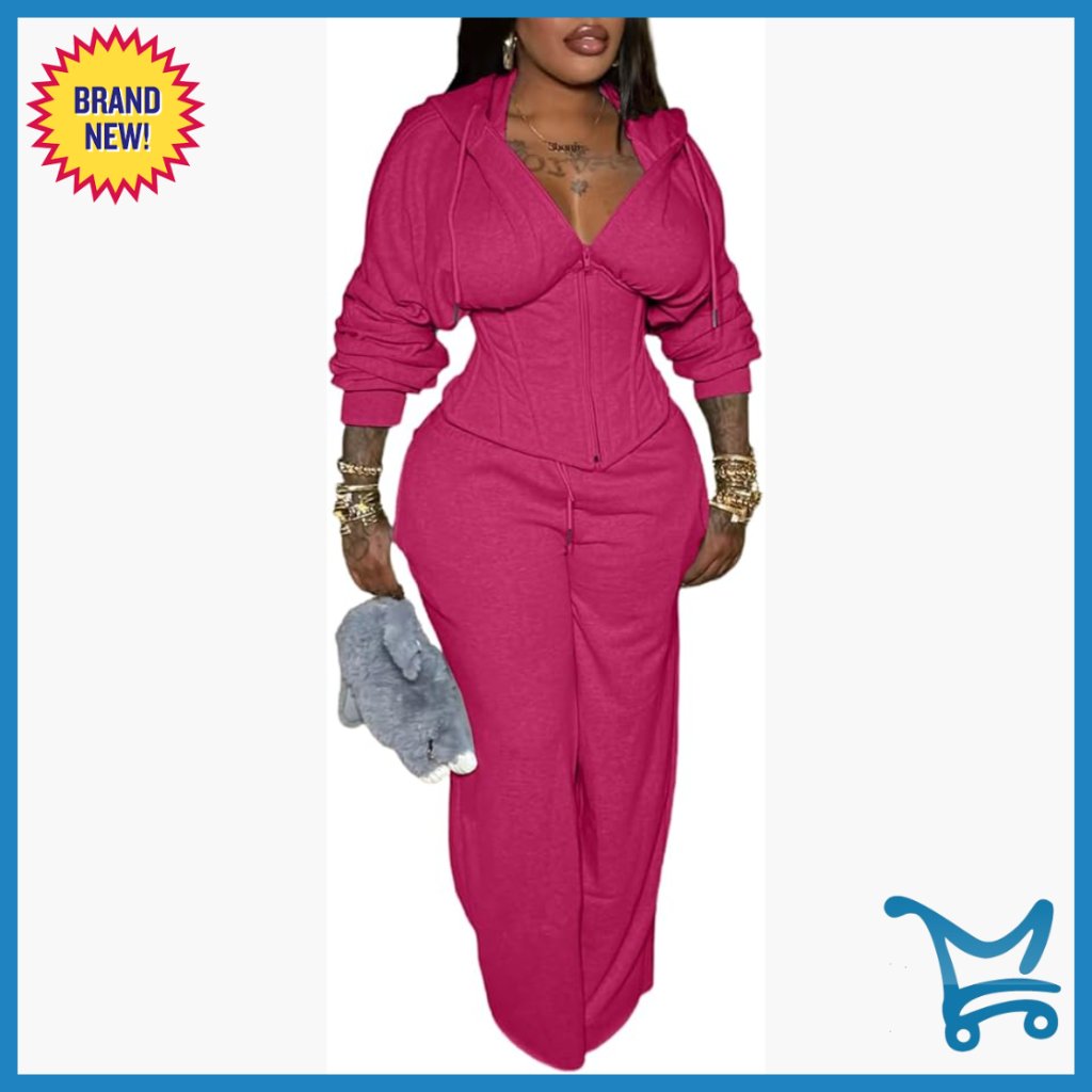 Women's 2-Piece Hoodie Set With Zipper Top And Wide Leg Pants